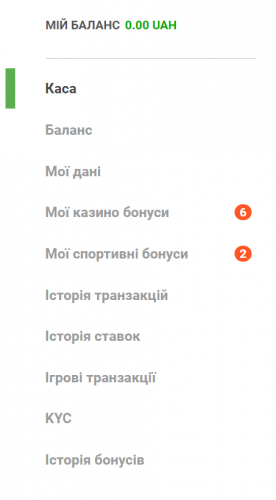 Меню Профілю в БК ГГБет